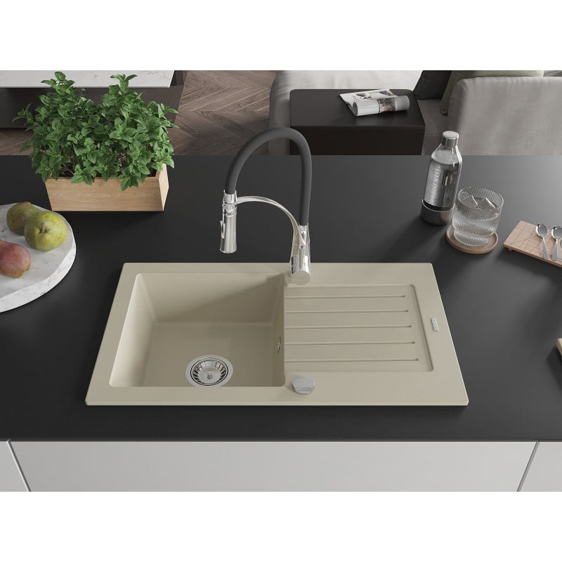 Mexen Pablo Granitspüle 1-beckig mit Abtropffläche und Küchenarmatur Aster, beige - 6510-69-73450-07