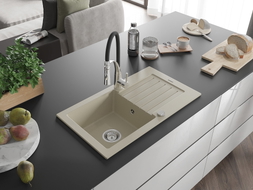 Mexen Pablo Granitspüle 1-beckig mit Abtropffläche und Küchenarmatur Aster, beige - 6510-69-73450-07