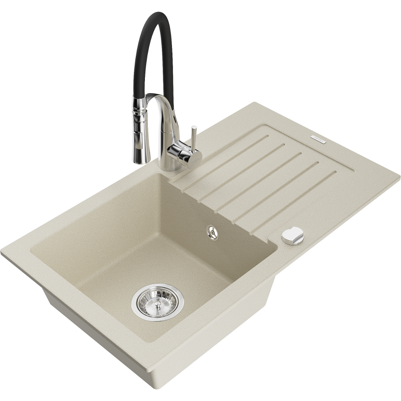 Mexen Pablo Granitspüle 1-beckig mit Abtropffläche und Küchenarmatur Aster, beige - 6510-69-73450-07