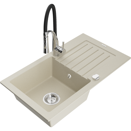 Mexen Pablo Granitspüle 1-beckig mit Abtropffläche und Küchenarmatur Aster, beige - 6510-69-73450-07