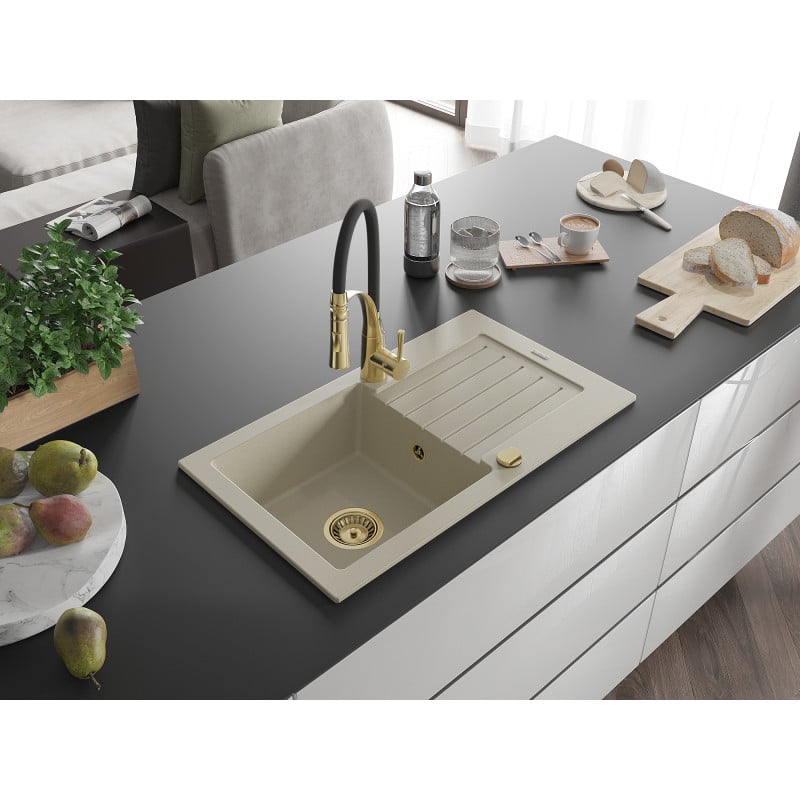 Mexen Pablo Granitspüle 1-beckig mit Abtropffläche und Küchenarmatur Aster, beige - 6510-69-73450-57-G