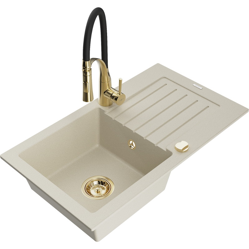 Mexen Pablo Granitspülbecken 1-Kammer mit Abtropfer und Küchenarmatur Aster, beige - 6510-69-73450-57-G