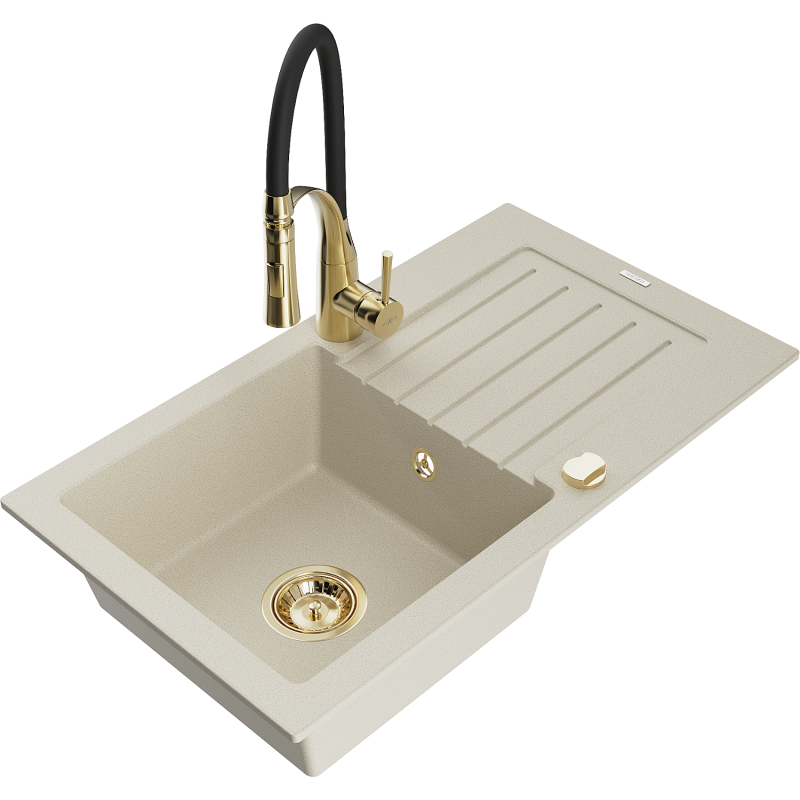 Mexen Pablo Granitspüle 1-beckig mit Abtropffläche und Küchenarmatur Aster, beige - 6510-69-73450-57-G