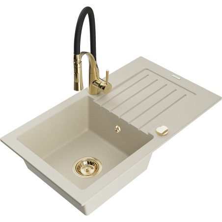 Mexen Pablo Granitspüle 1-beckig mit Abtropffläche und Küchenarmatur Aster, beige - 6510-69-73450-57-G
