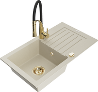 Mexen Pablo Granitspüle 1-beckig mit Abtropffläche und Küchenarmatur Aster, beige - 6510-69-73450-57-G