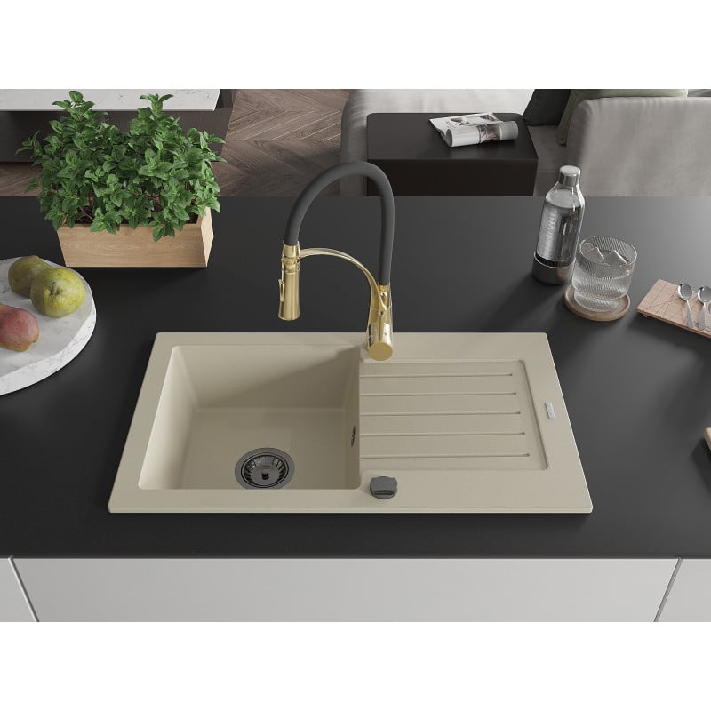Mexen Pablo Granitspüle 1-Becken mit Abtropffläche und Küchenarmatur Aster, beige - 6510-69-73450-57-B