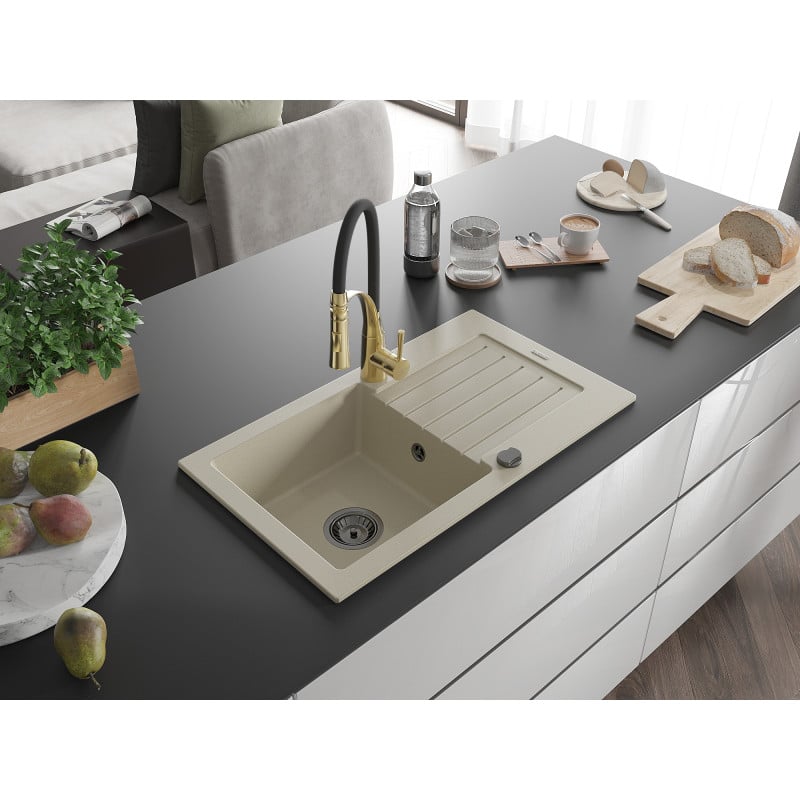 Mexen Pablo Granitspüle 1-Becken mit Abtropffläche und Küchenarmatur Aster, beige - 6510-69-73450-57-B