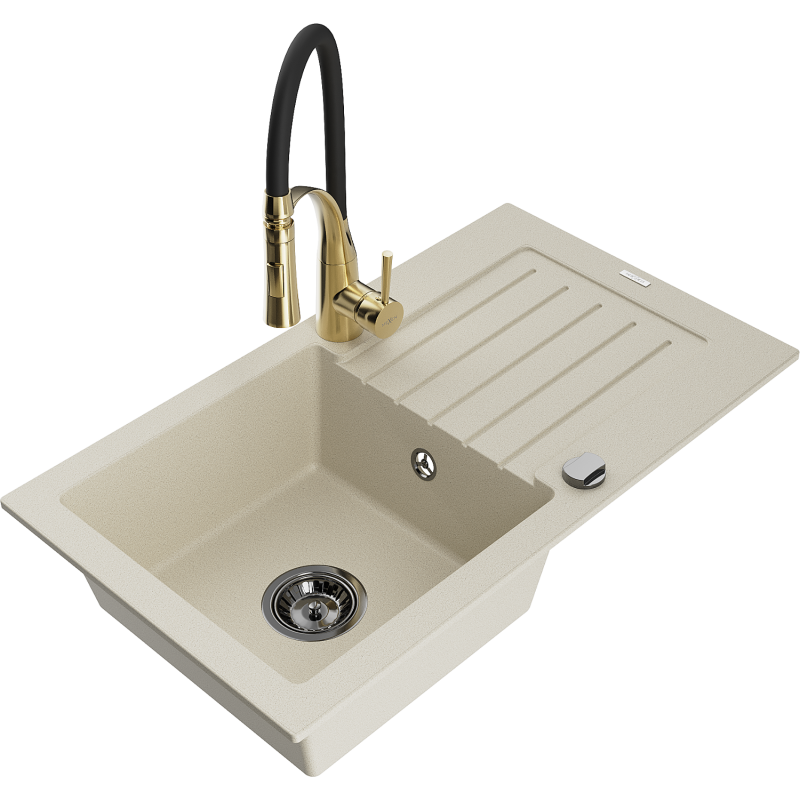 Mexen Pablo Granitspüle 1-Becken mit Abtropffläche und Küchenarmatur Aster, beige - 6510-69-73450-57-B
