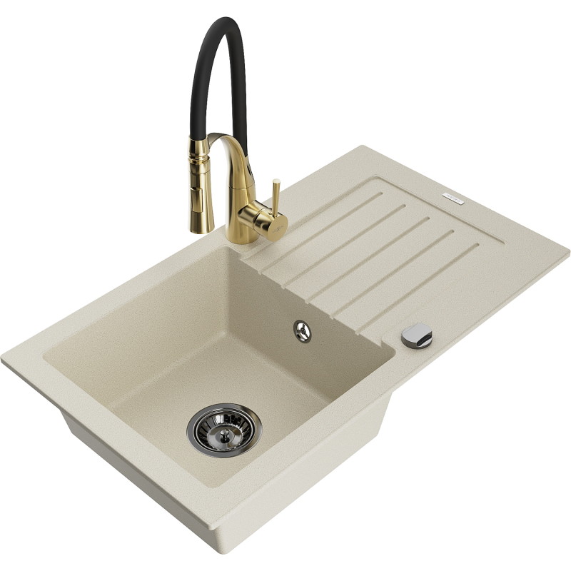 Mexen Pablo granitspüle einbeckig mit Abtropffläche und Küchenarmatur Aster, beige - 6510-69-73450-57-B