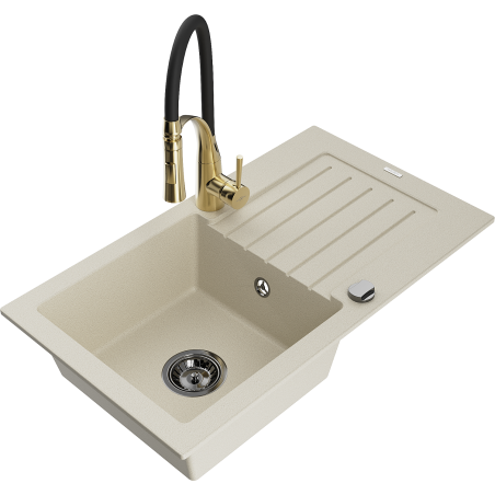 Mexen Pablo Granitspüle 1-Becken mit Abtropffläche und Küchenarmatur Aster, beige - 6510-69-73450-57-B