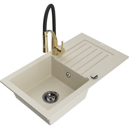 Mexen Pablo granitspüle einbeckig mit Abtropffläche und Küchenarmatur Aster, beige - 6510-69-73450-57-B