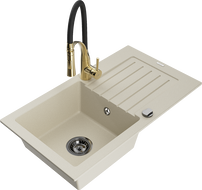 Mexen Pablo Granitspüle 1-Becken mit Abtropffläche und Küchenarmatur Aster, beige - 6510-69-73450-57-B