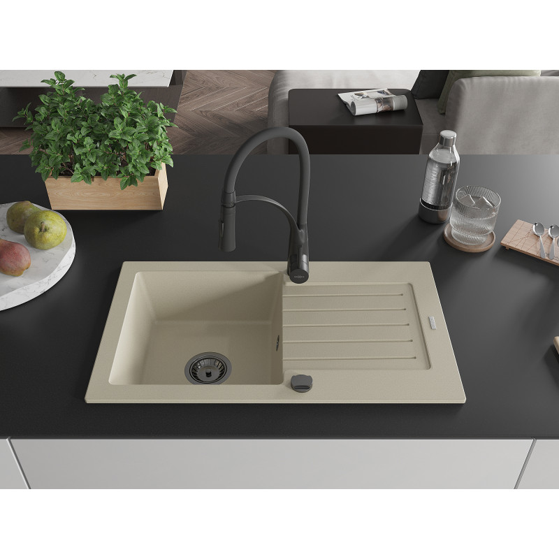 Mexen Pablo Granitspüle 1-Becken mit Abtropffläche und Küchenarmatur Aster, beige - 6510-69-73450-70-B