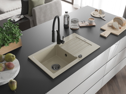 Mexen Pablo Granitspüle 1-Becken mit Abtropffläche und Küchenarmatur Aster, beige - 6510-69-73450-70-B