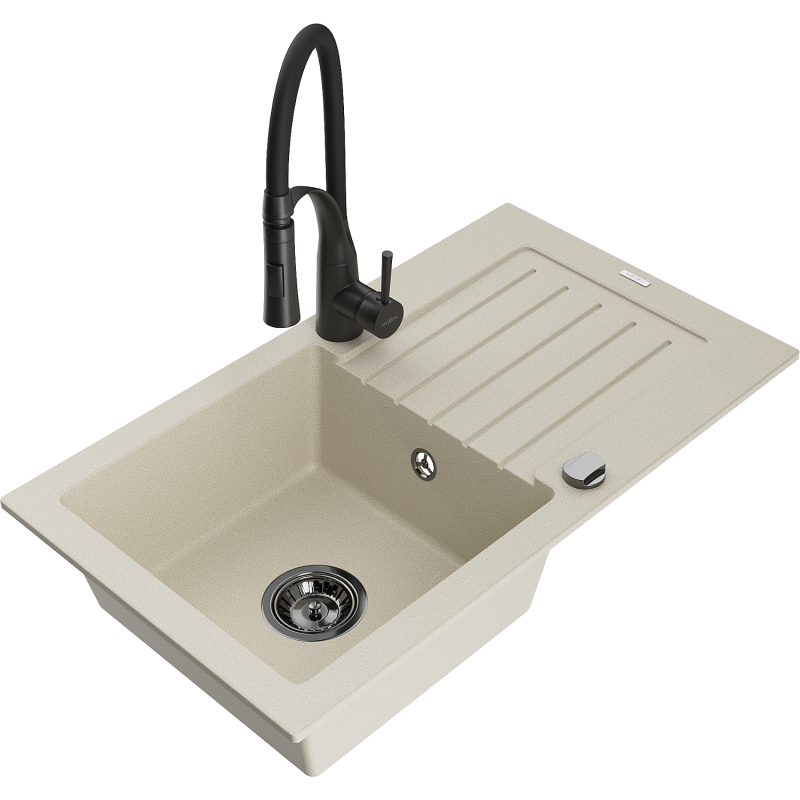 Mexen Pablo Granitspüle 1-Becken mit Abtropffläche und Küchenarmatur Aster, beige - 6510-69-73450-70-B