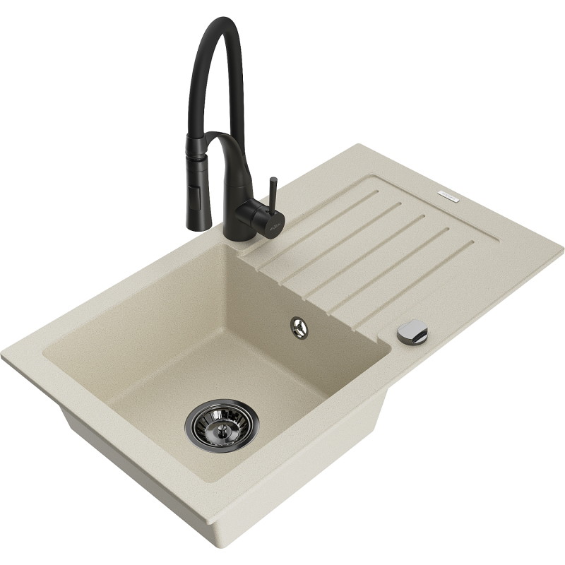 Mexen Pablo Granitspüle mit 1 Becken, Abtropffläche und Küchenarmatur Aster, beige - 6510-69-73450-70-B