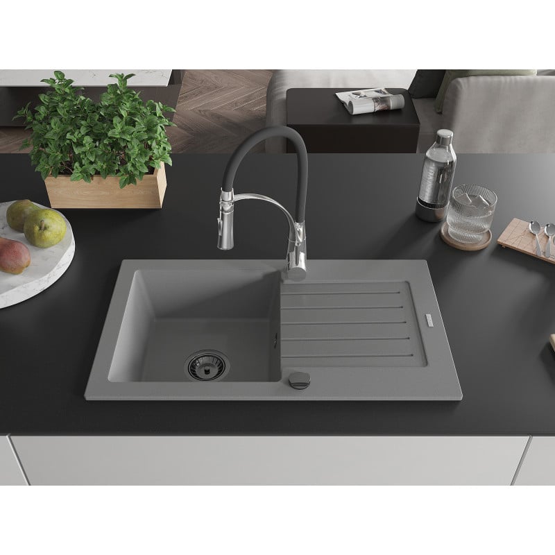 Mexen Pablo Granitspüle 1-Becken mit Abtropffläche und Küchenarmatur Aster, grau - 6510-71-73450-07-B