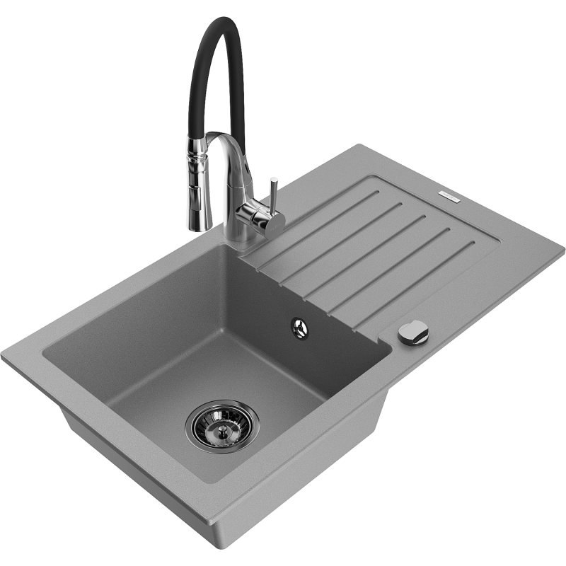 Mexen Pablo Granitspüle 1-Becken mit Abtropffläche und Küchenarmatur Aster, grau - 6510-71-73450-07-B
