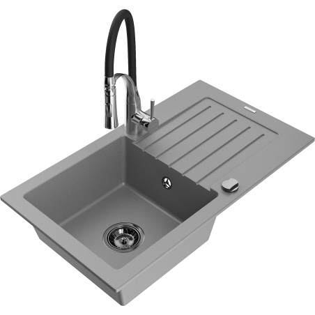 Mexen Pablo Granitspüle 1-Becken mit Abtropffläche und Küchenarmatur Aster, grau - 6510-71-73450-07-B