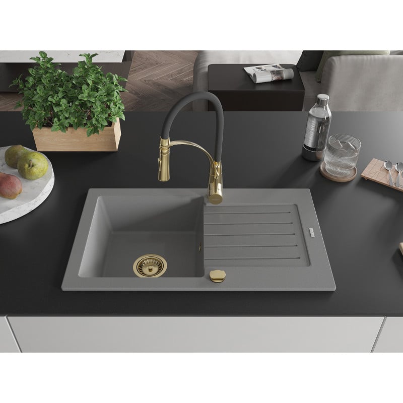 Mexen Pablo Granitspüle 1-becken mit Abtropffläche und Küchenarmatur Aster, grau - 6510-71-73450-57-G