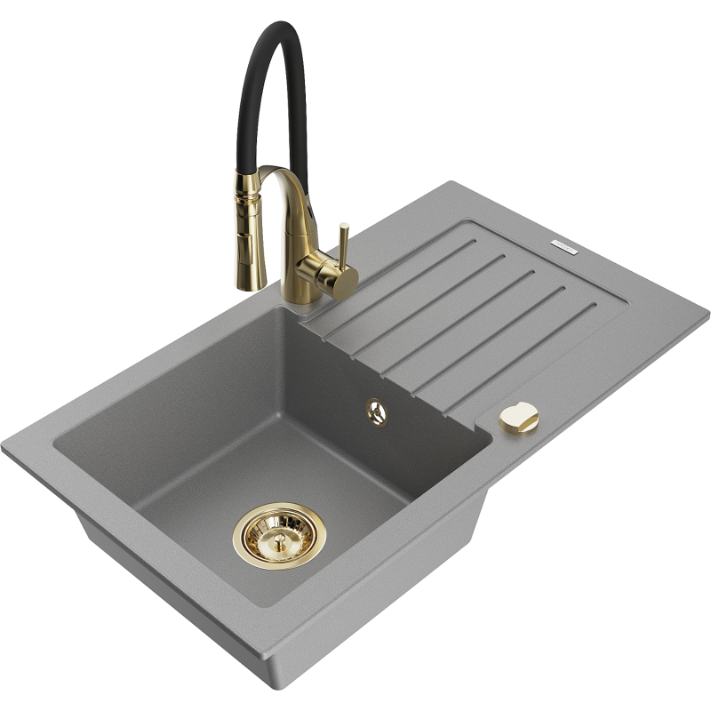 Mexen Pablo Granitspüle 1-becken mit Abtropffläche und Küchenarmatur Aster, grau - 6510-71-73450-57-G