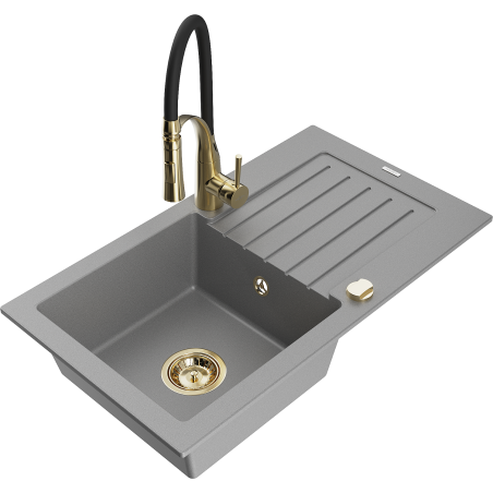 Mexen Pablo Granitspüle 1-becken mit Abtropffläche und Küchenarmatur Aster, grau - 6510-71-73450-57-G