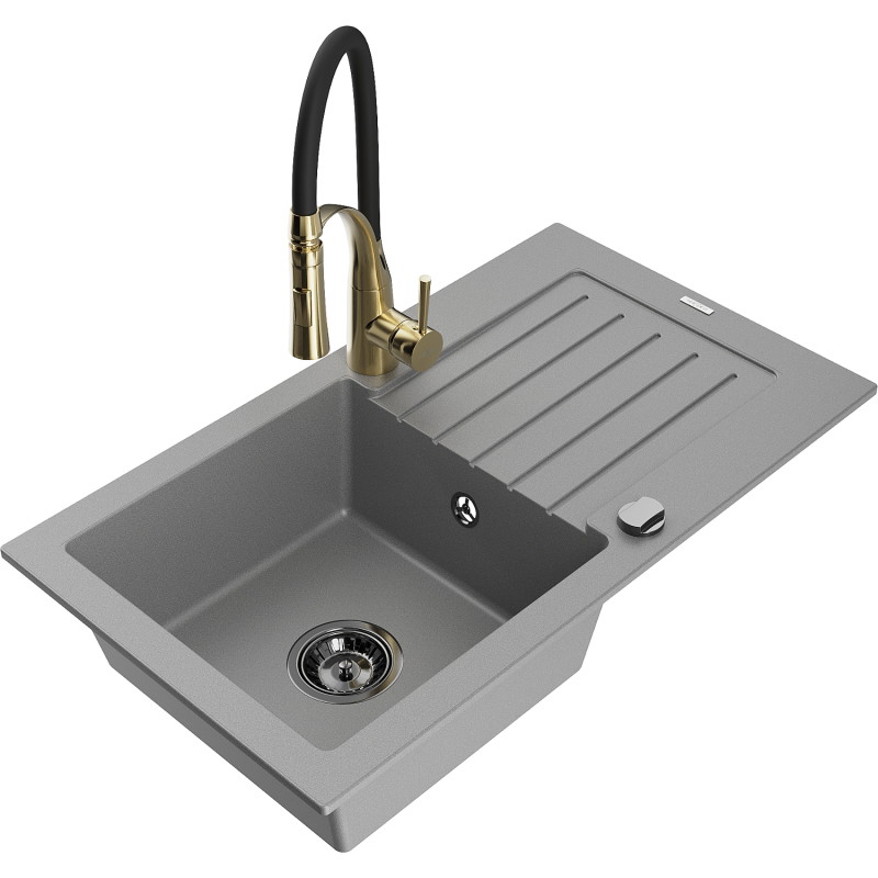 Mexen Pablo Granitspüle 1-Becken mit Abtropffläche und Küchenarmatur Aster, grau - 6510-71-73450-57-B
