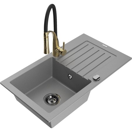 Mexen Pablo Granitspüle 1-Becken mit Abtropffläche und Küchenarmatur Aster, grau - 6510-71-73450-57-B