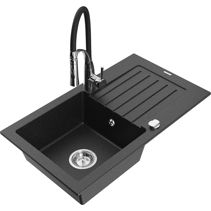 Mexen Pablo Granitspüle 1-beckig mit Abtropffläche und Küchenarmatur Aster, schwarz/silber metallic - 6510-73-73450-07
