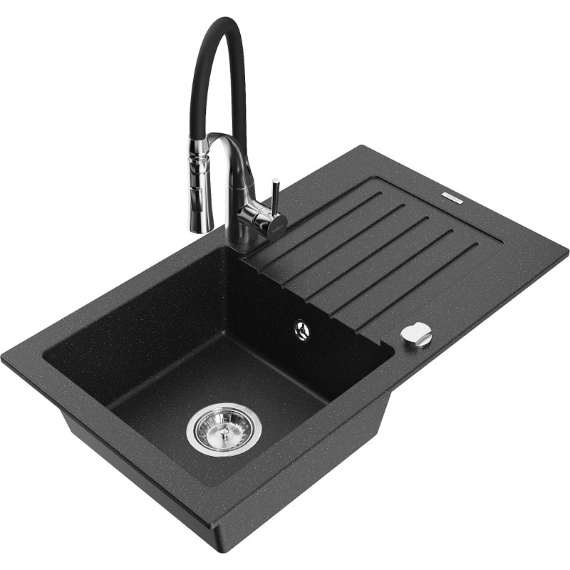 Mexen Pablo Granitspüle 1-beckig mit Abtropffläche und Küchenarmatur Aster, schwarz/silber metallisch - 6510-73-73450-07