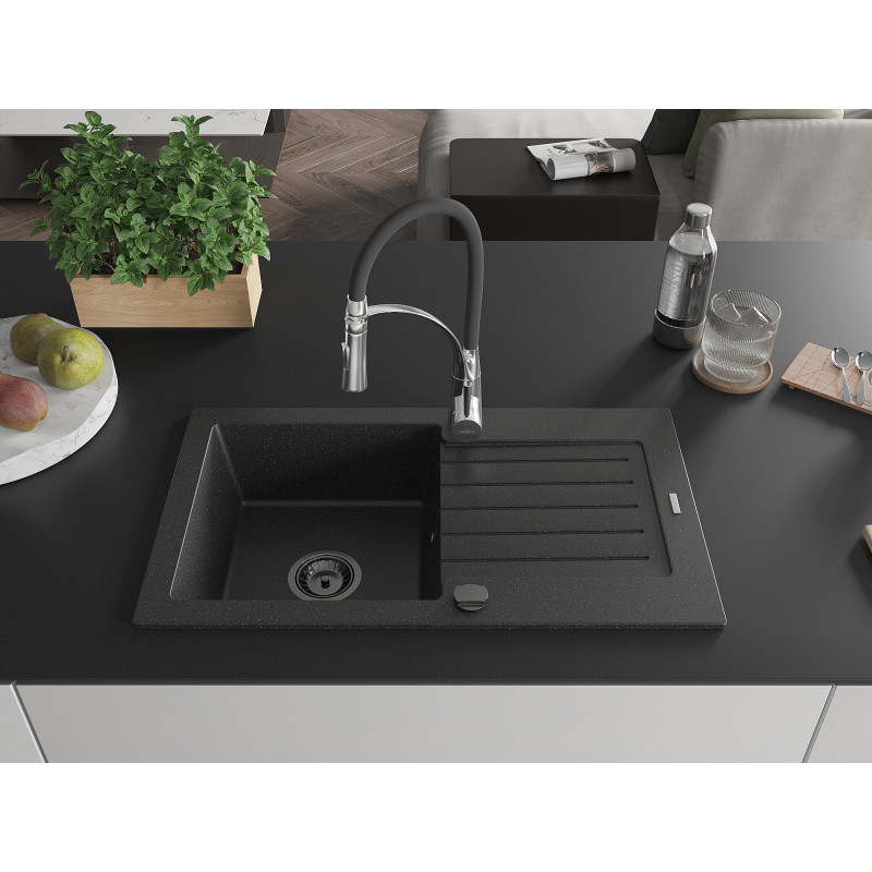 Mexen Pablo Granitspüle 1-Becken mit Abtropffläche und Küchenarmatur Aster, schwarz/silber Metallic - 6510-73-73450-07-B