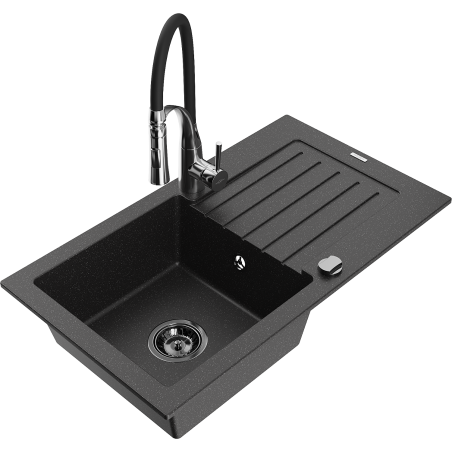 Mexen Pablo Granitspüle 1-Becken mit Abtropffläche und Küchenarmatur Aster, schwarz/silber Metallic - 6510-73-73450-07-B
