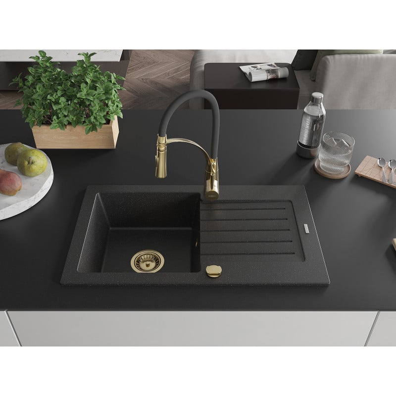 Mexen Pablo Granitspüle 1-Becken mit Abtropffläche und Küchenarmatur Aster, schwarz/silber Metallic - 6510-73-73450-57-G