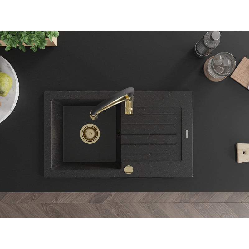 Mexen Pablo Granitspüle 1-Becken mit Abtropffläche und Küchenarmatur Aster, schwarz/silber Metallic - 6510-73-73450-57-G