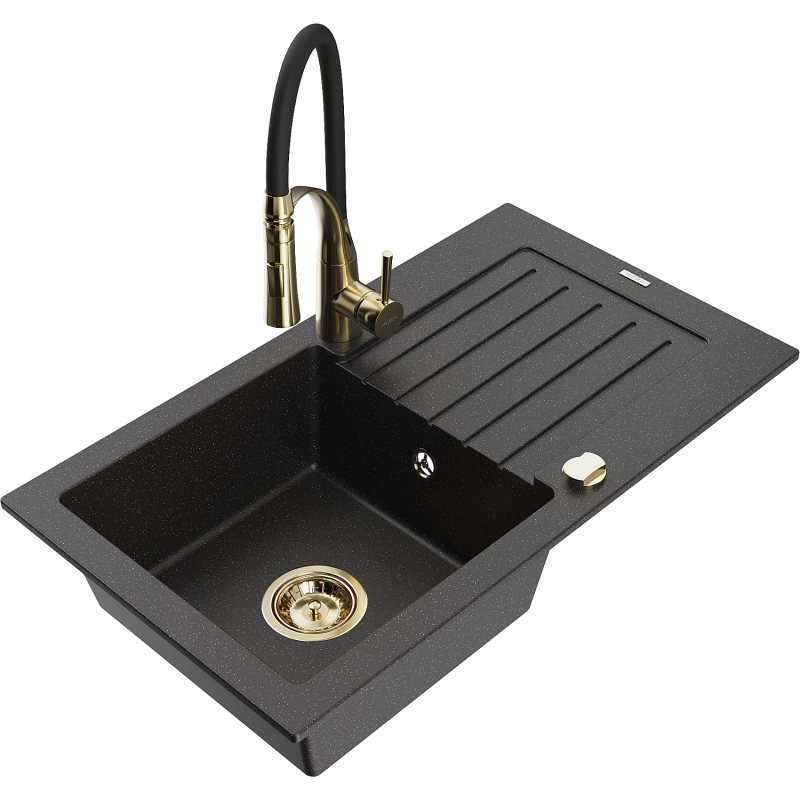 Mexen Pablo Granitspüle 1-Becken mit Abtropffläche und Küchenarmatur Aster, schwarz/silber Metallic - 6510-73-73450-57-G