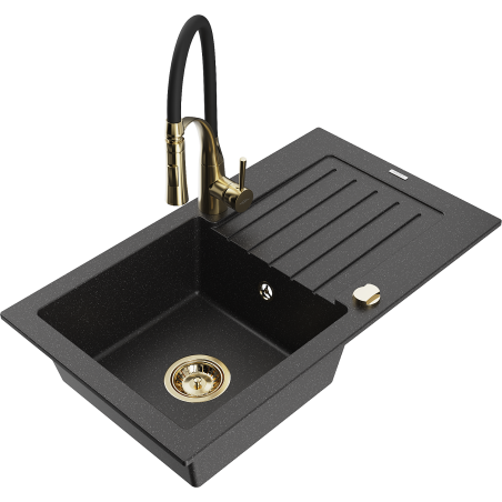 Mexen Pablo Granitspüle 1-Becken mit Abtropffläche und Küchenarmatur Aster, schwarz/silber-metallisch - 6510-73-73450-57-G