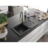 Mexen Pablo Granitspüle 1-beckig mit Abtropffläche und Küchenarmatur Aster, schwarz/silber metallic - 6510-73-73450-57-B