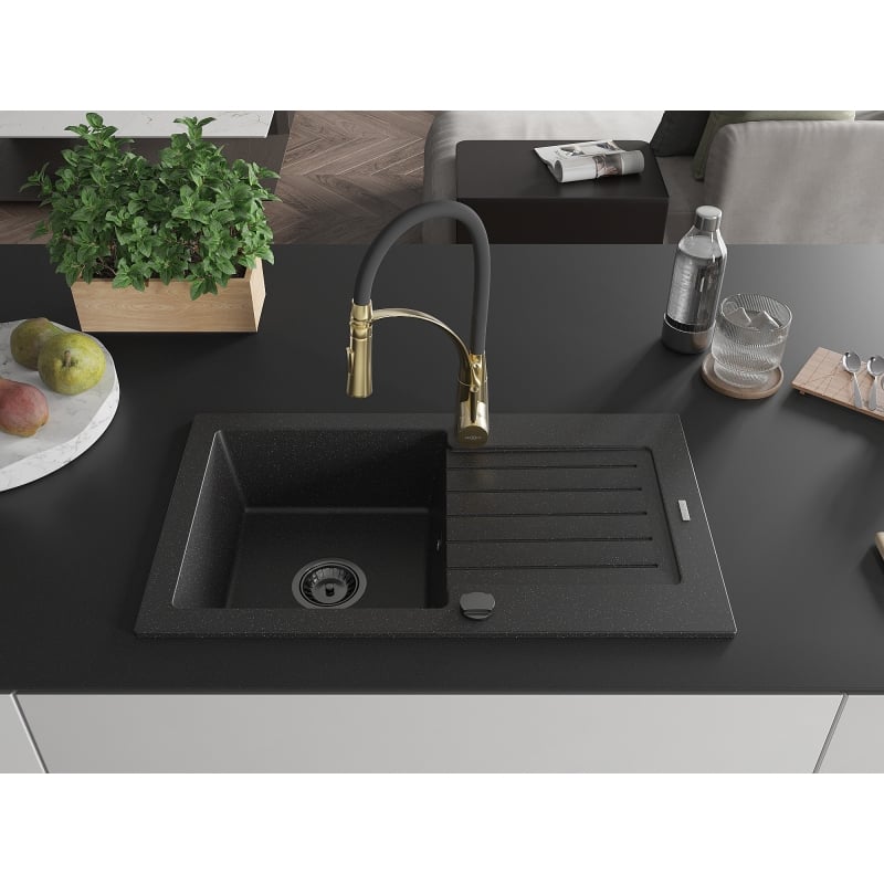 Mexen Pablo Granitspüle mit 1 Becken, Abtropffläche und Küchenarmatur Aster, schwarz/silber metallic - 6510-73-73450-57-B