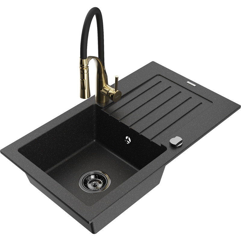 Mexen Pablo Granitspüle 1-beckig mit Abtropffläche und Küchenarmatur Aster, schwarz/silbermetallic - 6510-73-73450-57-B