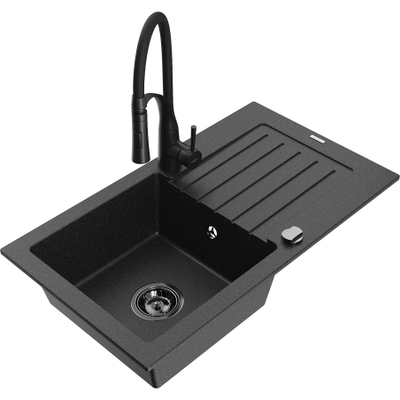 Mexen Pablo Granitspüle 1-Becken mit Abtropffläche und Küchenarmatur Aster, schwarz/silber metallic - 6510-73-73450-70-B