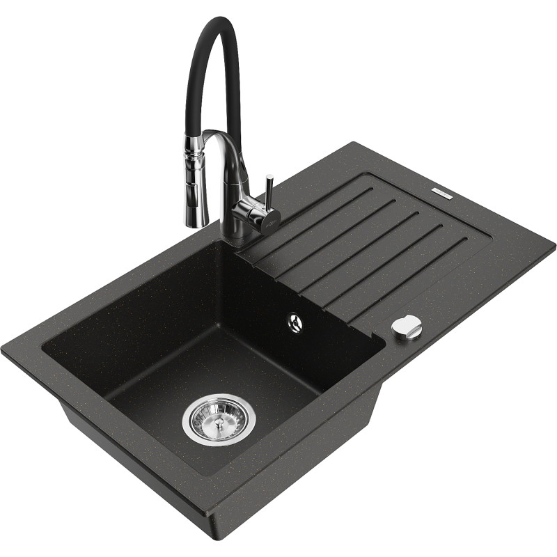 Mexen Pablo Granitspüle 1-Becken mit Abtropffläche und Küchenarmatur Aster, schwarz/gold-metallic - 6510-75-73450-07