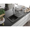 Mexen Pablo Granitspüle 1-beckig mit Abtropffläche und Küchenarmatur Aster, schwarz/goldener Metallic - 6510-75-73450-07-B