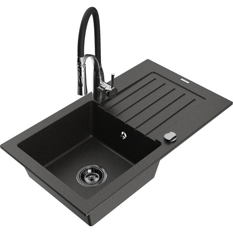 Mexen Pablo granitspüle 1-beckig mit abtropffläche und küchenarmatur Aster, schwarz/gold metallic - 6510-75-73450-07-B