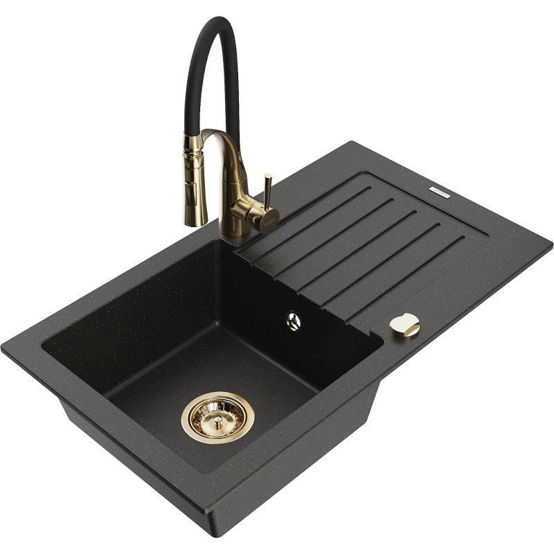 Mexen Pablo Granitspüle 1-beckig mit Abtropffläche und Küchenarmatur Aster, schwarz/gold metallic - 6510-75-73450-57-G