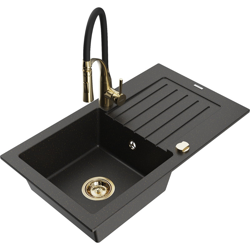 Mexen Pablo Granitspüle mit 1 Becken mit Abtropffläche und Küchenarmatur Aster, schwarz/gold metallic - 6510-75-73450-57-G