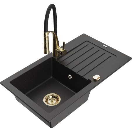 Mexen Pablo Granitspüle 1-beckig mit Abtropffläche und Küchenarmatur Aster, schwarz/gold metallic - 6510-75-73450-57-G
