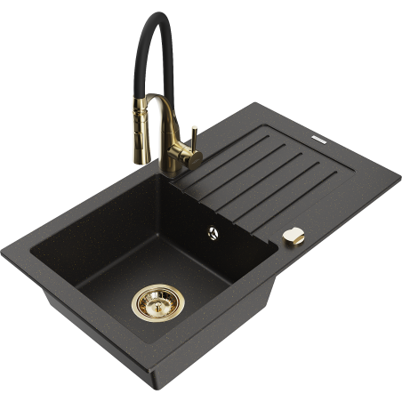 Mexen Pablo Granitspüle mit 1 Becken mit Abtropffläche und Küchenarmatur Aster, schwarz/gold metallic - 6510-75-73450-57-G