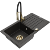 Mexen Pablo Granitspüle 1-beckig mit Abtropffläche und Küchenarmatur Aster, schwarz/gold metallic - 6510-75-73450-57-G