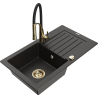 Mexen Pablo Granitspüle mit 1 Becken mit Abtropffläche und Küchenarmatur Aster, schwarz/gold metallic - 6510-75-73450-57-G