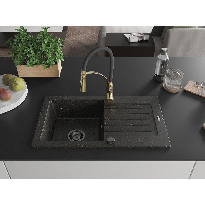 Mexen Pablo Granitspüle 1-beckig mit Abtropffläche und Küchenarmatur Aster, schwarz/gold metallic - 6510-75-73450-57-B